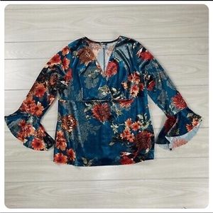 NWOT Venus Blue Floral Surplice Neck Velour Top with Bell Sleeves 1X